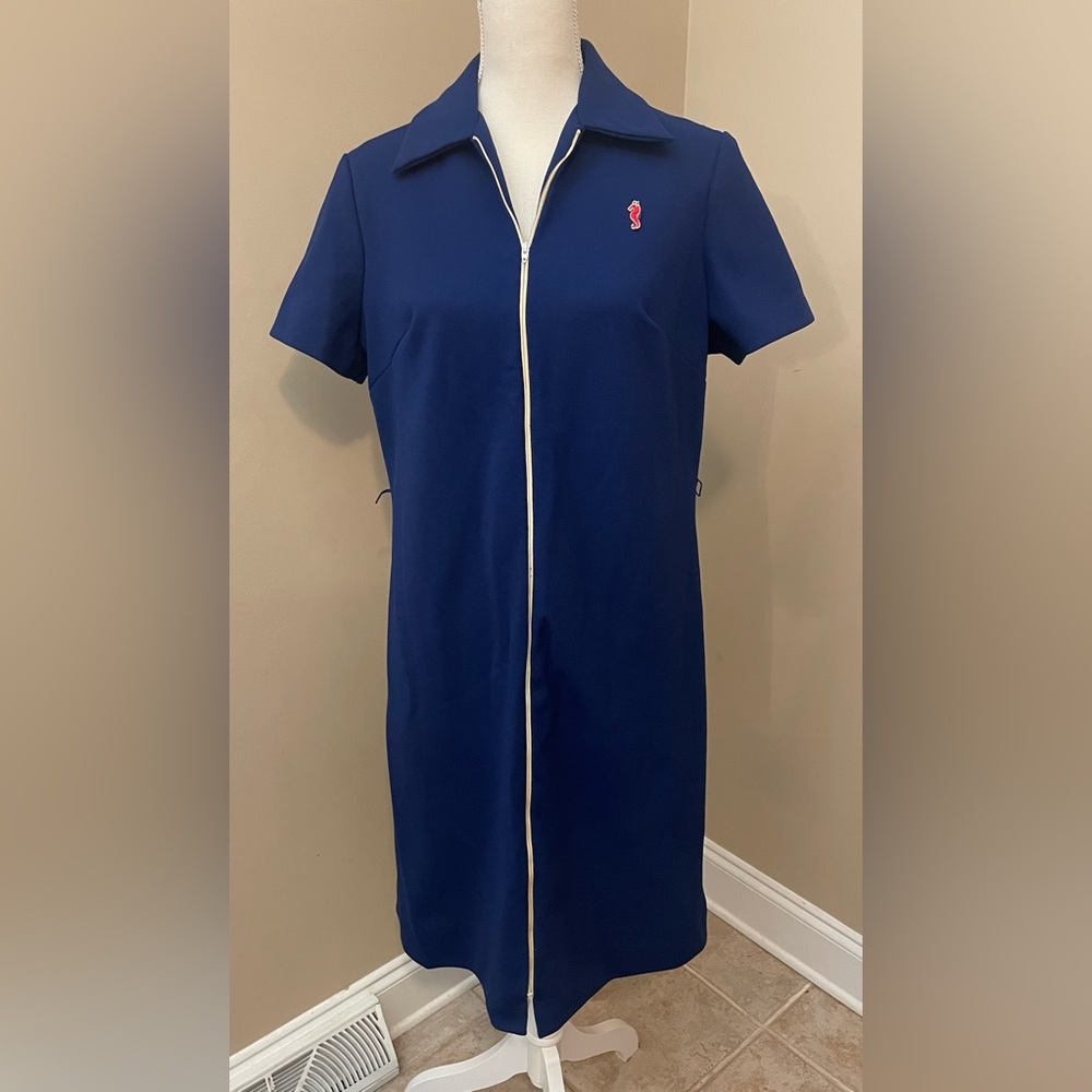 Vintage 60s Retro Shift Dress Navy Blue with Zipper Front Seahorse Emblem Short
